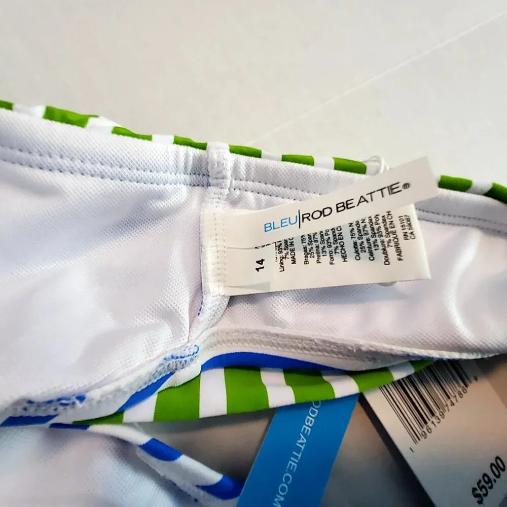 Bleu Rod Beattie Womens Striped Swim Bottoms 14 Green & Blue Foldover Waistband